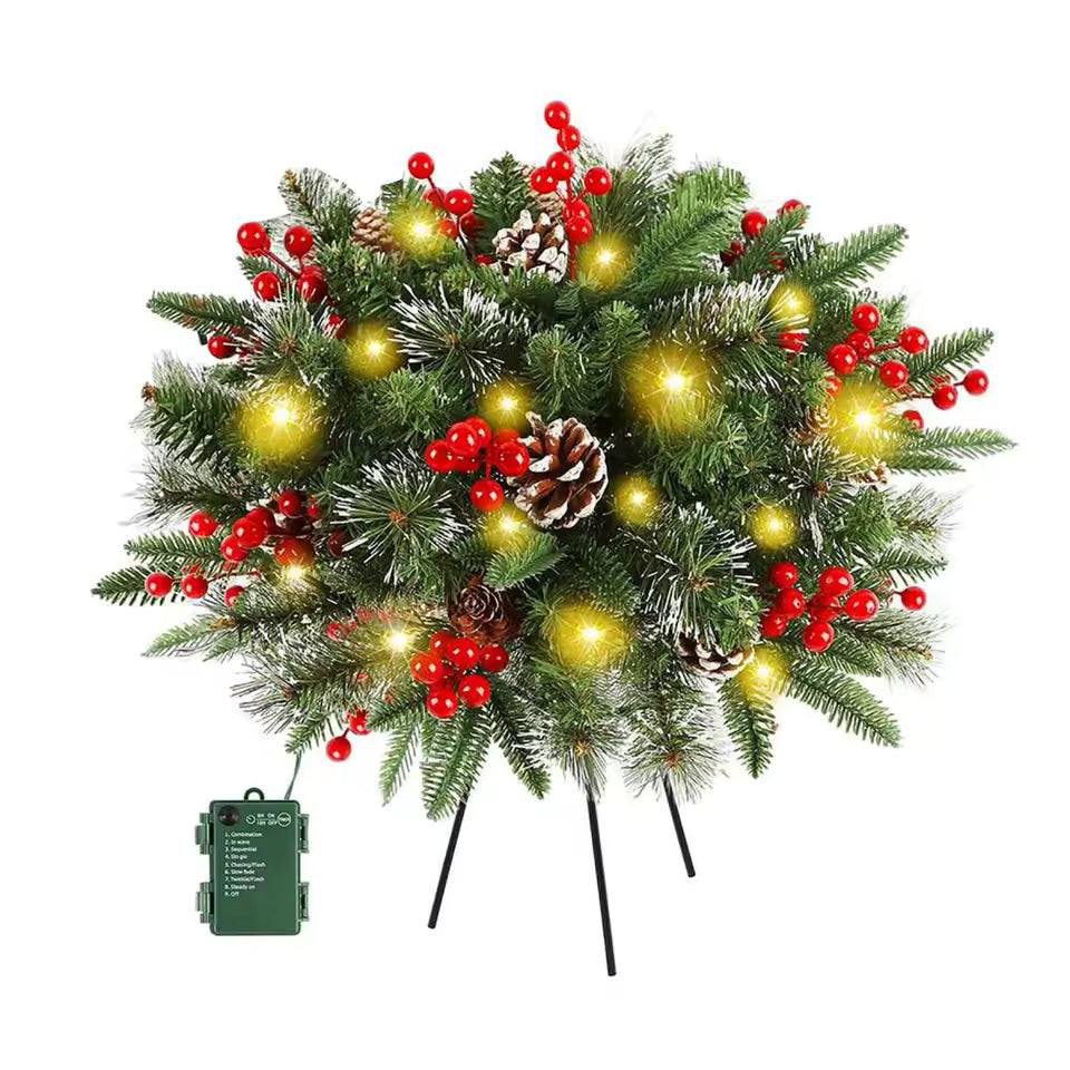 Beleuchteter LED-Weihnachtskranz, 50 cm, mit Timer und Batterie, Tannenzapfen und Beeren, für innen und außen, Tür- und Wanddekoration | Sansoti