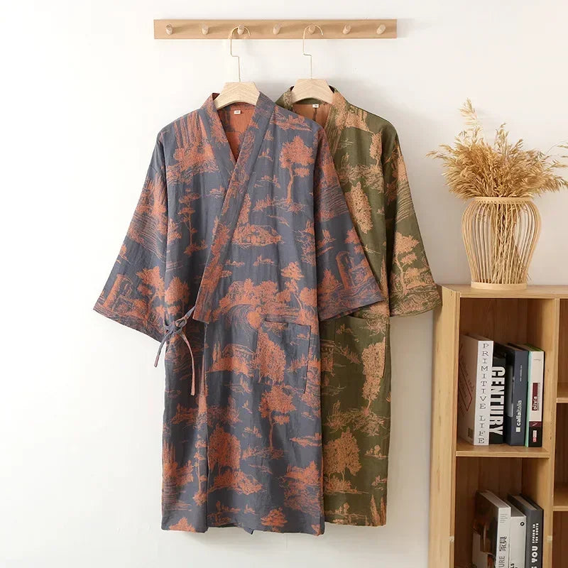 Katoenen Kimono Ochtendjas voor Mannen Lange Badjas Lichtgewicht Huisjas met V-hals Bedrukt Katoen Loungewear | Sansoti