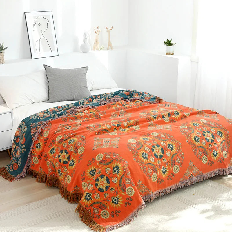 Bawełniany koc z boho wzorem - beżowy koc 130x150cm na sofę, łóżko, do dekoracji salonu i zapewnienia ciepła | Sansoti