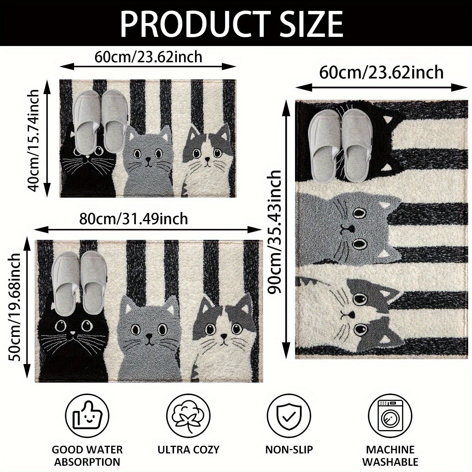 Deurmat Cartoon Katten PVC Zwart Wit Gestreept 60x90cm Antislip Waterdicht Vloermat Slaapkamer Woonkamer Hal Buitendeurmat | Sansoti
