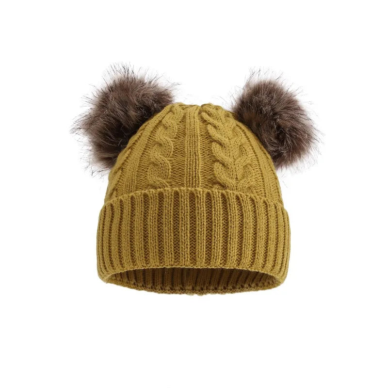 Gebreide Wintermuts met Dubbele Pompons voor Dames Warm Outdoor Accessoire Rekbaar Effen Kleur Casual | Sansoti