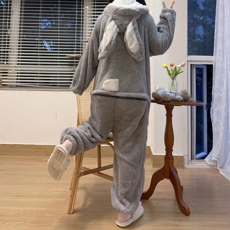 Combinaison-pyjama avec capuche et oreilles en velours chaud, vêtements d'intérieur pour femmes et hommes, tenue de nuit d'hiver et vêtements de détente | Sansoti