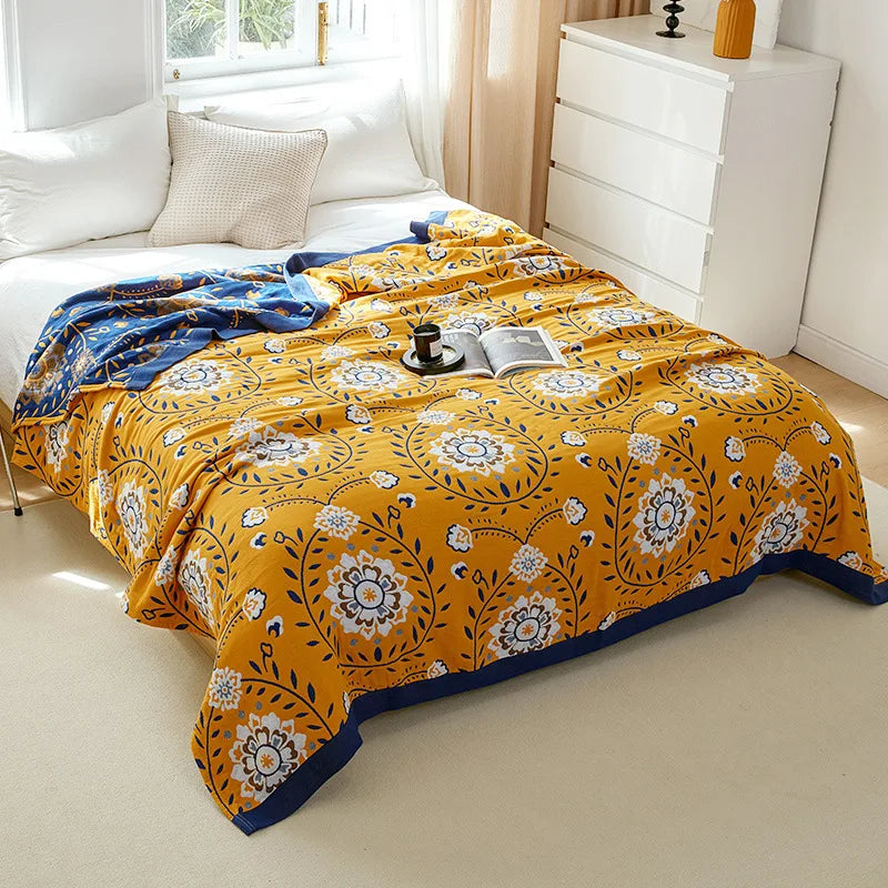 Baumwoll-Sommerdecke, garngefärbt, mit Blumenmuster, für Doppelbett, Landhausstil, leicht und atmungsaktiv | Sansoti
