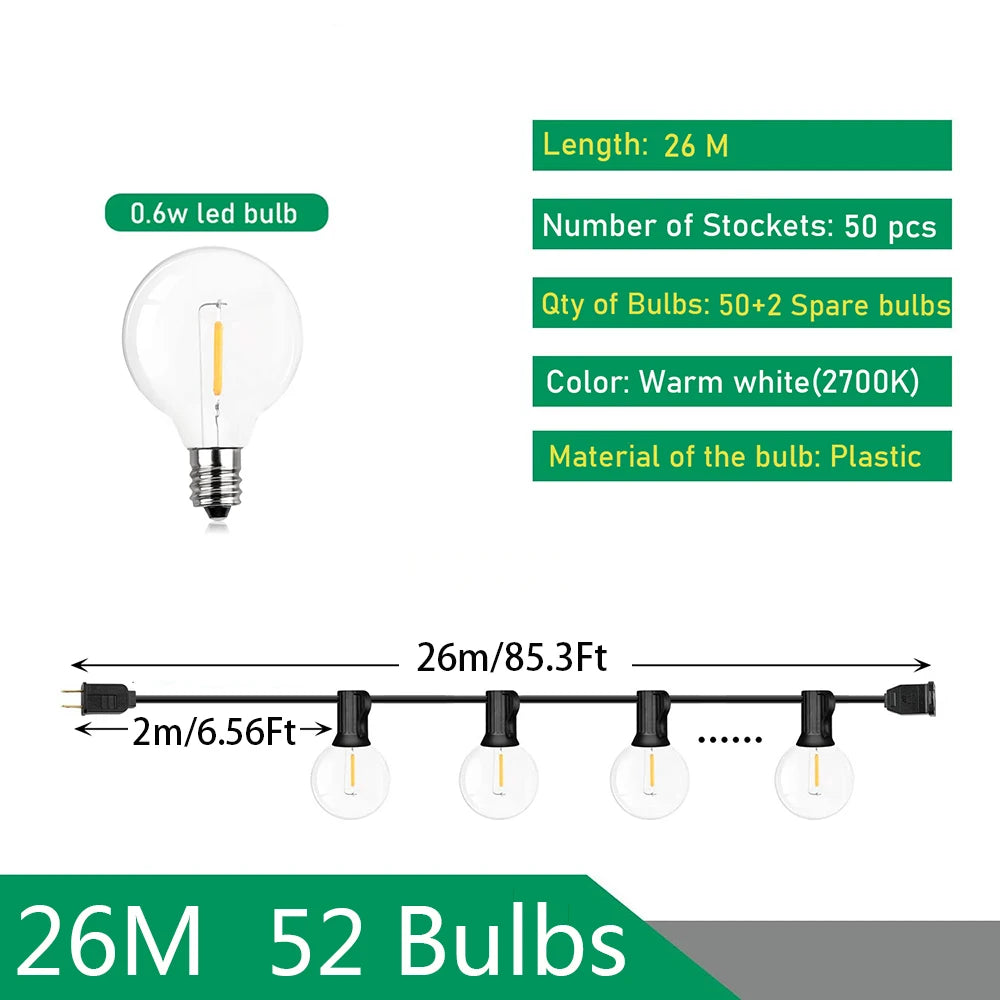 G40 LED String Lights Garden Lighting Warm White 9-26m Party Lighting Outdoor Ambient Lights Patio Garden | Sansoti