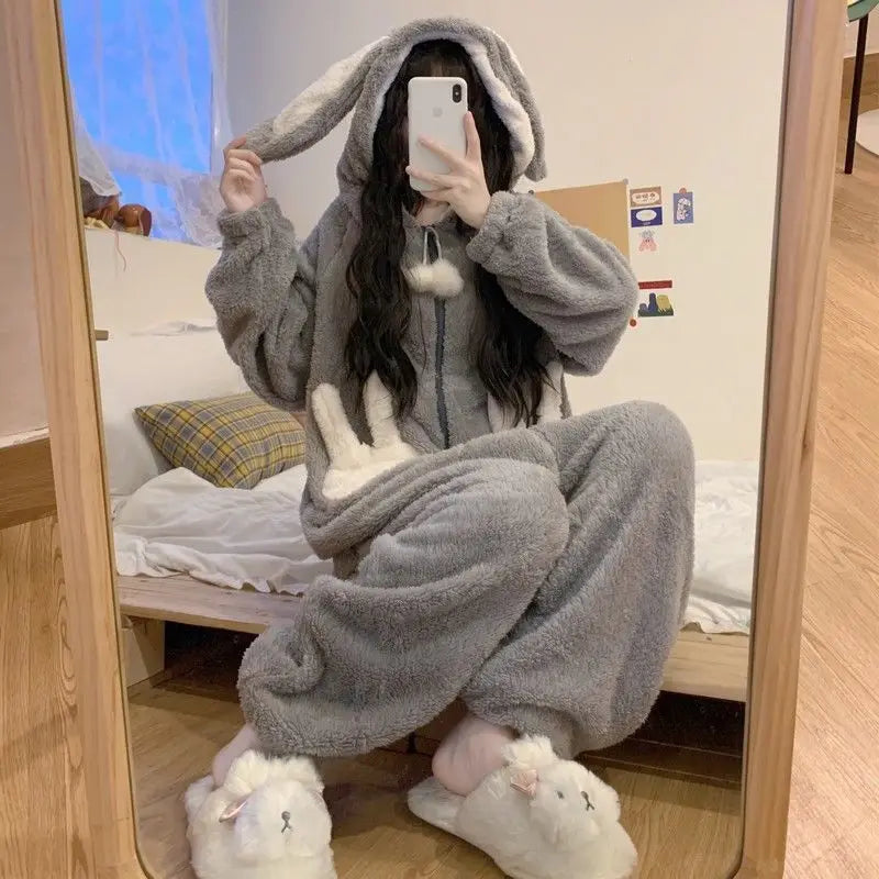 Combinaison-pyjama avec capuche et oreilles en velours chaud, vêtements d'intérieur pour femmes et hommes, tenue de nuit d'hiver et vêtements de détente | Sansoti