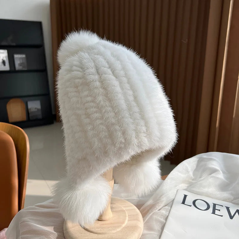 Knitted Fur Hat with Pom-Pom for Women, Warm Winter Hat with Ear Warmers, Spiral Pattern, Luxury Winter Accessory | Sansoti