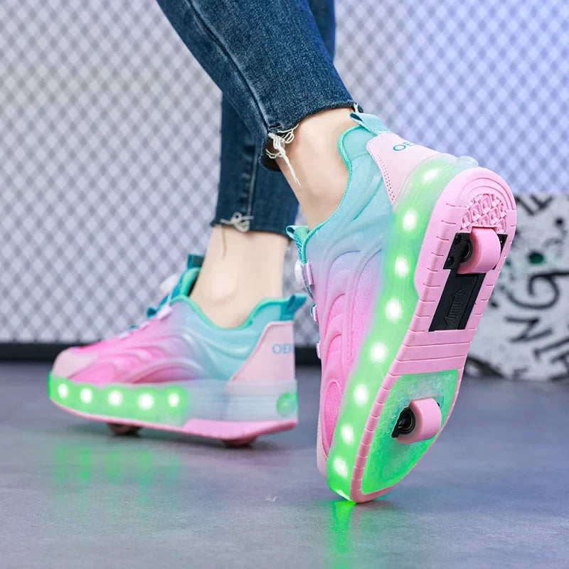 LED rolschaats schoenen USB oplaadbaar roze blauw kindersneakers met wielen lichtgevende skates voor buiten jongens meisjes | Sansoti