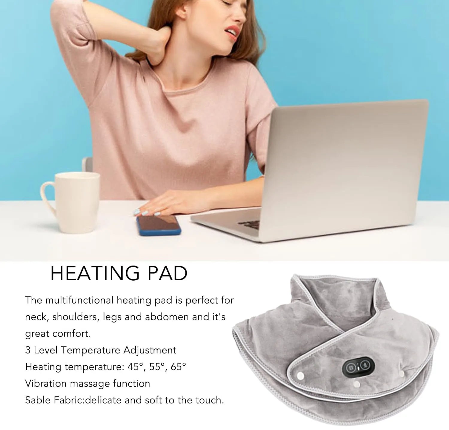 Verwarmde Nek- en Schoudermassager met Vibratie USB Warmtekussen Draagbaar Ergonomisch Plüche 3 Temperatuurstanden Timer Grijs voor Thuis Kantoor | Sansoti