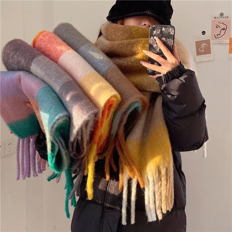 Gradient Winter Scarf Large Size Thickly Woven Warm Wrap with Fringes Soft Scarf for Women 7 Colors | Sansoti