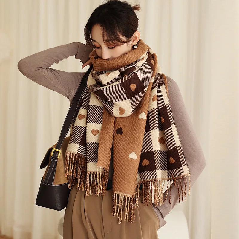 Plaid Blanket Scarf Heart-Shaped Polyester Women's Winter Warm Large Size Comfortable Fashion Wrap Accessory | Sansoti