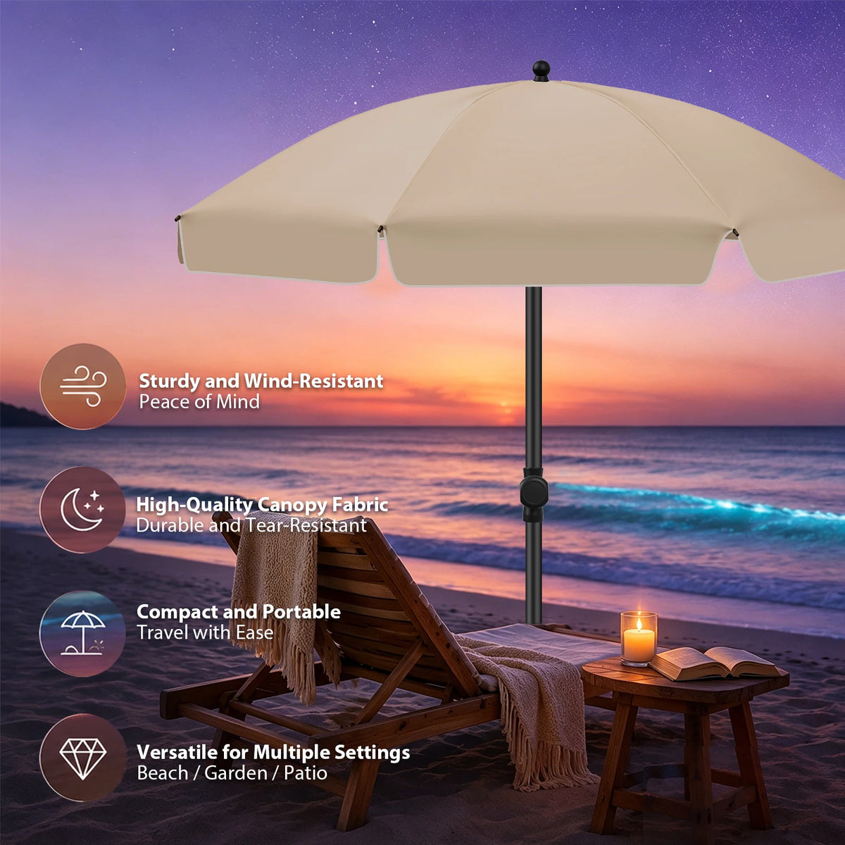 Tilting Outdoor Parasol 200cm UV-Protective with Carry Bag Adjustable Sunshade for Garden Beach Patio Balcony | Sansoti