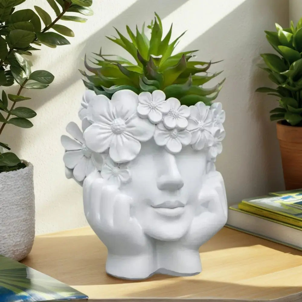 Bloempot Vrouwengezicht Hars Wit 15cm Decoratief Sculptuur Woonkamer Tuin Binnen Buiten Plantenpot Gezicht | Sansoti