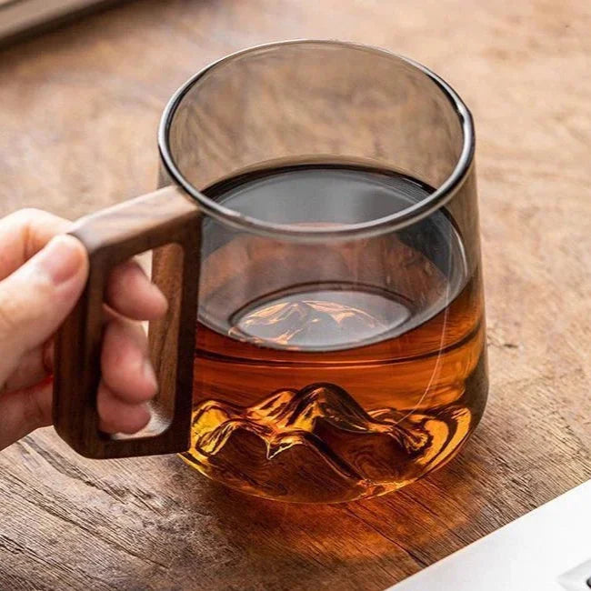 Glazen Bergpiek Beker met Dubbele Wand 300ml – Hittebestendig Borosilicaatglas met Houten Handgreep voor Koffie en Thee | Sansoti