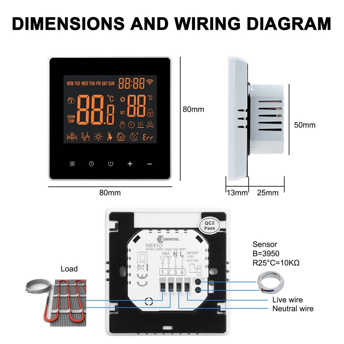 Thermostat WiFi intelligent 16 A pour chauffage au sol avec écran tactile, régulateur de température, commande par application et affichage numérique | Sansoti