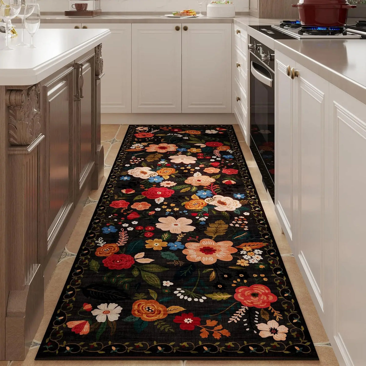 Tapis de couloir antidérapant à motif floral, en polyester, lavable, avec dessous en caoutchouc, pour couloir, cuisine, entrée et salon, décoratif | Sansoti