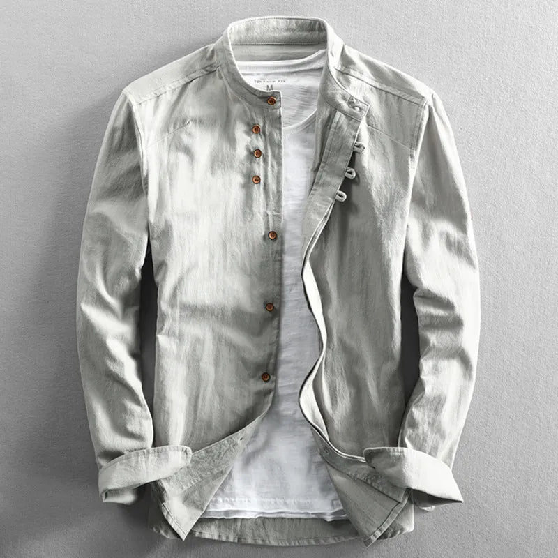 Japanese-inspired men's shirt, linen-cotton, elegant, casual or formal, long-sleeved, comfortable and soft for men | Sansoti