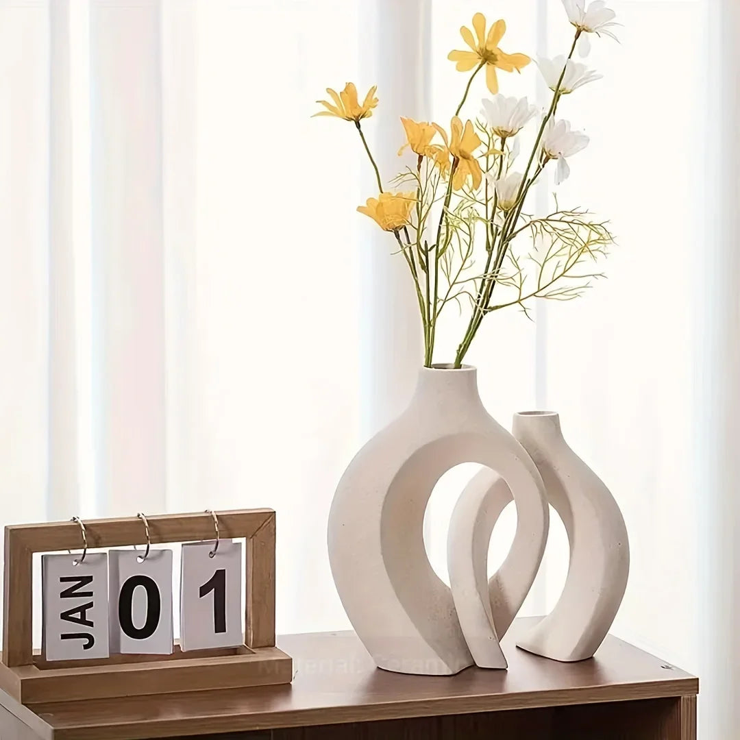 Keramische Vaas Set 2 Stuks Wit Boho Modern Woonkamer Decoratie Droogbloemen Minimalistisch Interieur | Sansoti