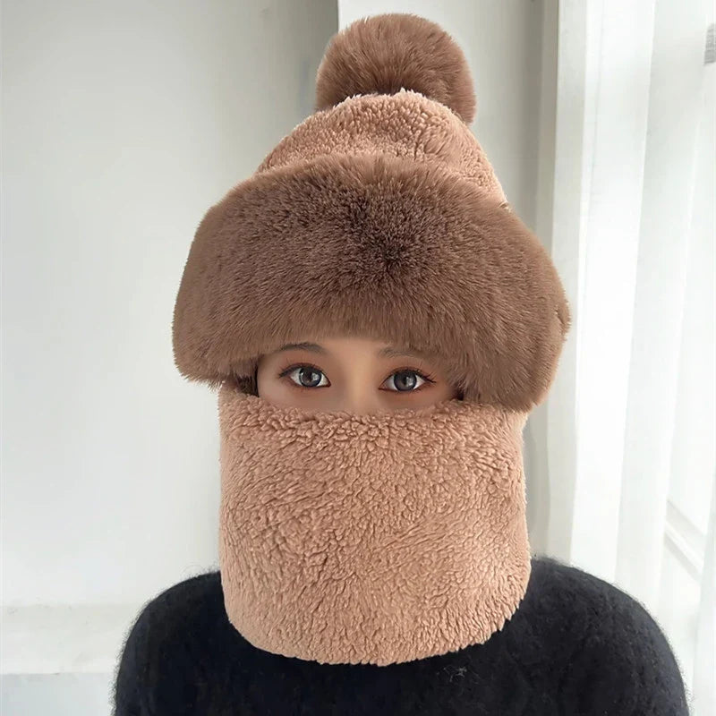 Plüsch Multifunktionale Mützen-Schal-Kombination Winterwarme gestrickte Kopfbedeckung für kaltes Wetter Outdoor-Accessoire | Sansoti