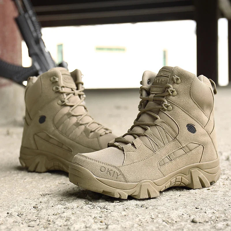 High-Top Men's Hiking Shoes Waterproof Canvas Outdoor Boots Platform Sole Split Leather Climbing Shoes Outdoor | Sansoti