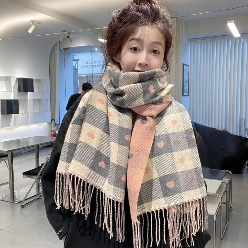 Knitted blanket scarf for women, warm polyester plaid wrap, oversized winter accessory scarf | Sansoti