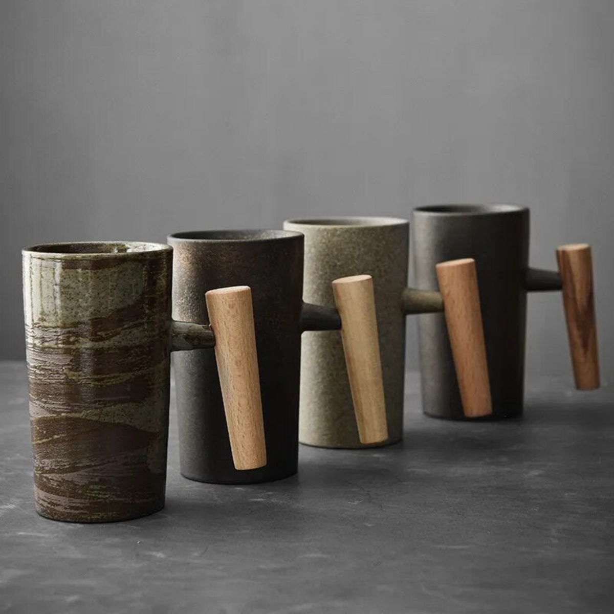 Ceramic Mug 220ml Stone Texture Wooden Handle Coffee Tea Hot Beverage Moment Ergonomic Comfort Kitchen | Sansoti