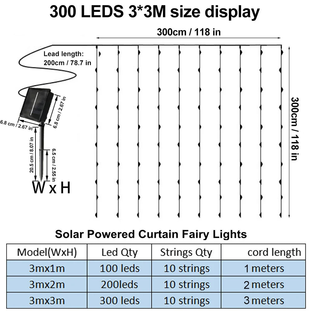 Guirlande lumineuse solaire en rideau, 300 LED, résistante à l’eau, blanc chaud ou multicolore, décoration de jardin et éclairage de fête | Sansoti