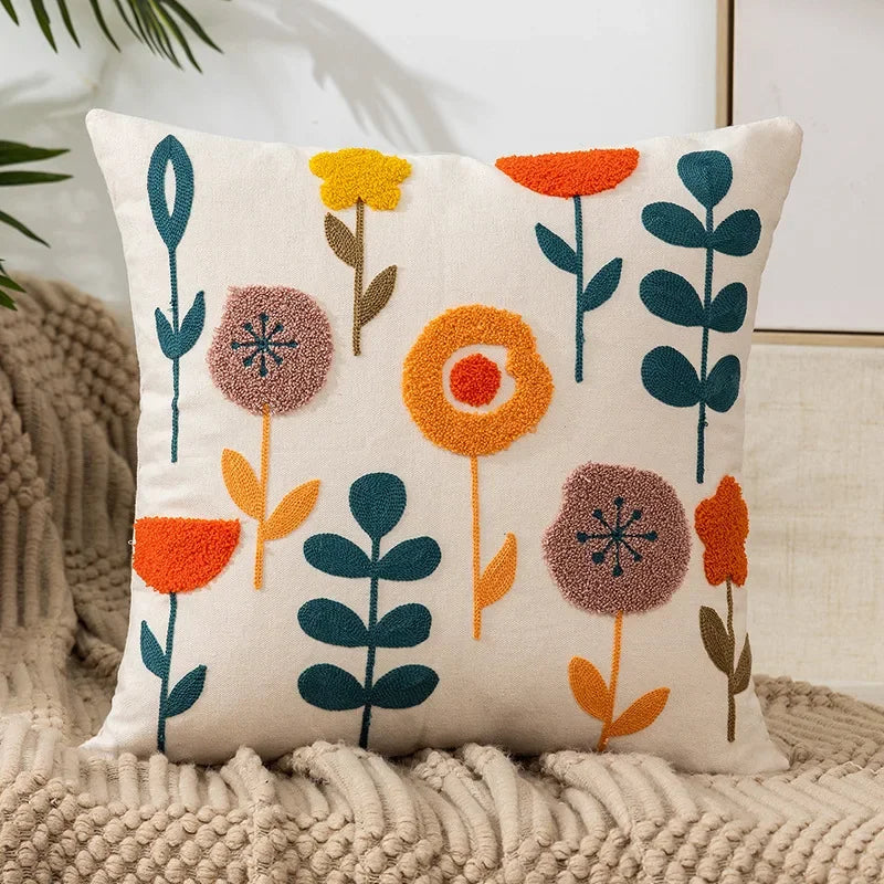 Kussenhoes 45x45cm Katoen Canvas Geborduurd Bloemen Wit Sierkussenhoes Bank Slaapkamer Landelijke Stijl Decoratief | Sansoti