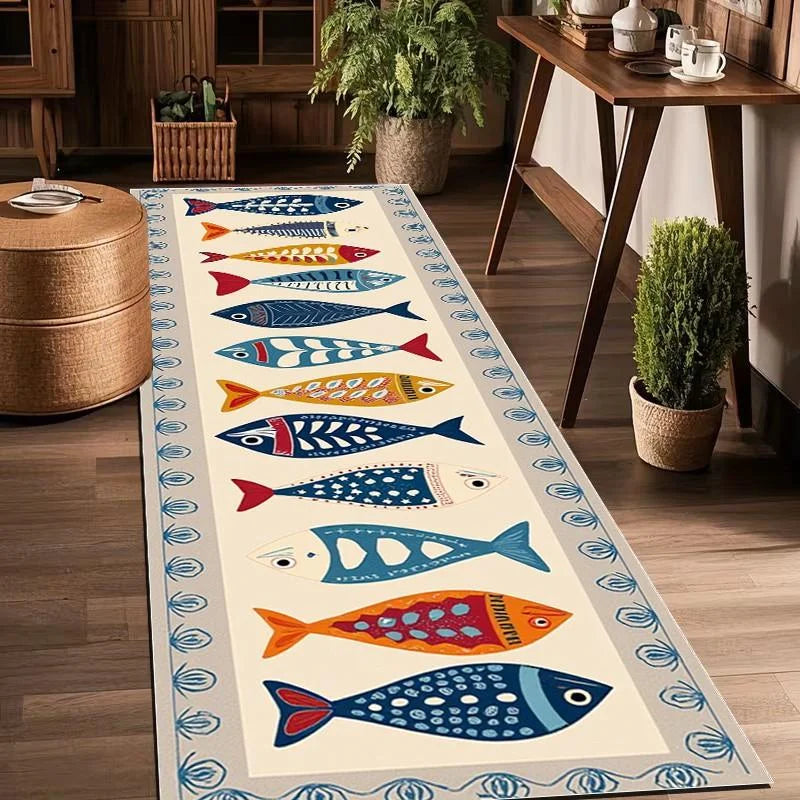 Gangloper met Nautisch Vissenpatroon Antislip Wasbaar Polyester Langwerpig Vloerkleed voor Hal Keuken Gang | Sansoti