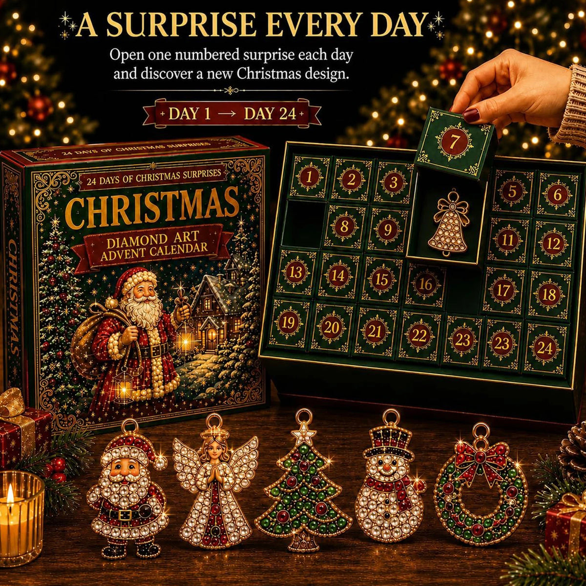 Advent Calendar Diamond Pattern 24 Compartments DIY Acrylic Ornaments Christmas Decoration Craft Kit for Children | Sansoti