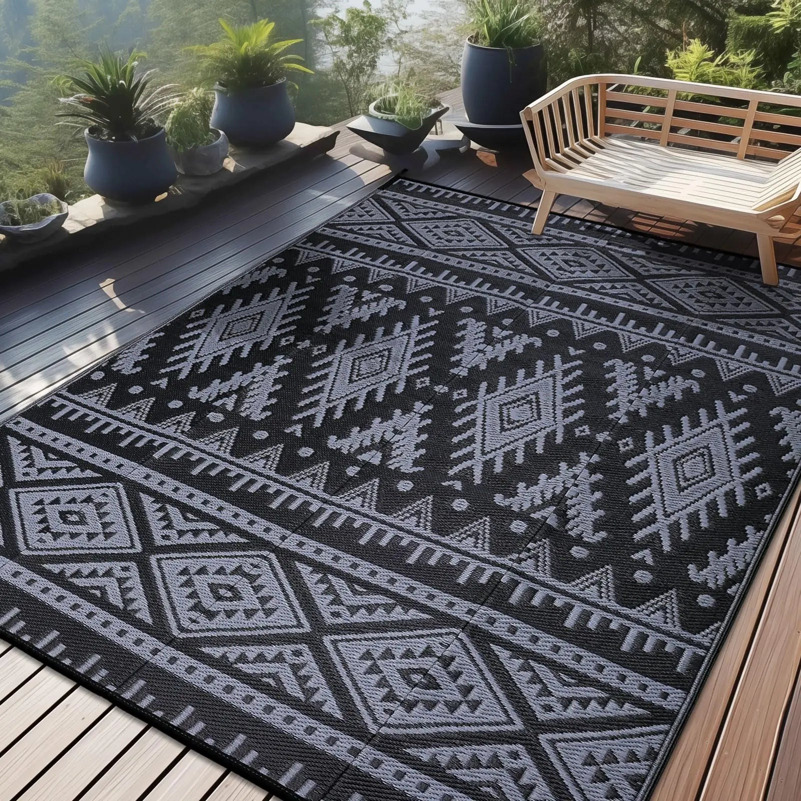Buitenkleed Gevlochten Plastic Zwart Wit Bohemian Omkeerbaar Terrakleed Campingmat Tuinkleed | Sansoti