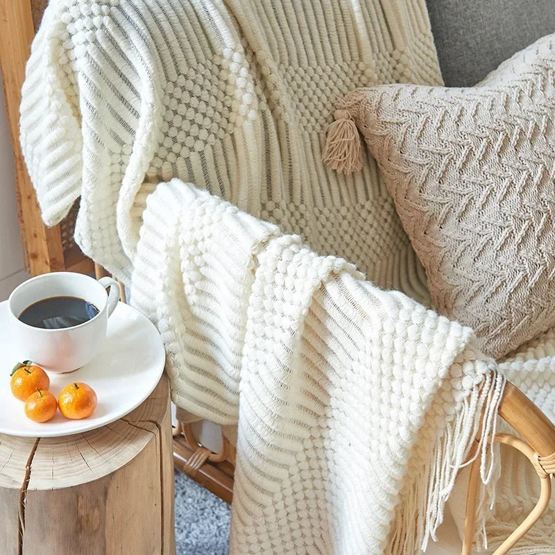 Gestrickte Decke aus Acryl, weich und warm, mit skandinavischem Muster, Sofadecke für Schlafzimmer und Wohnzimmer, dekorative Decke | Sansoti