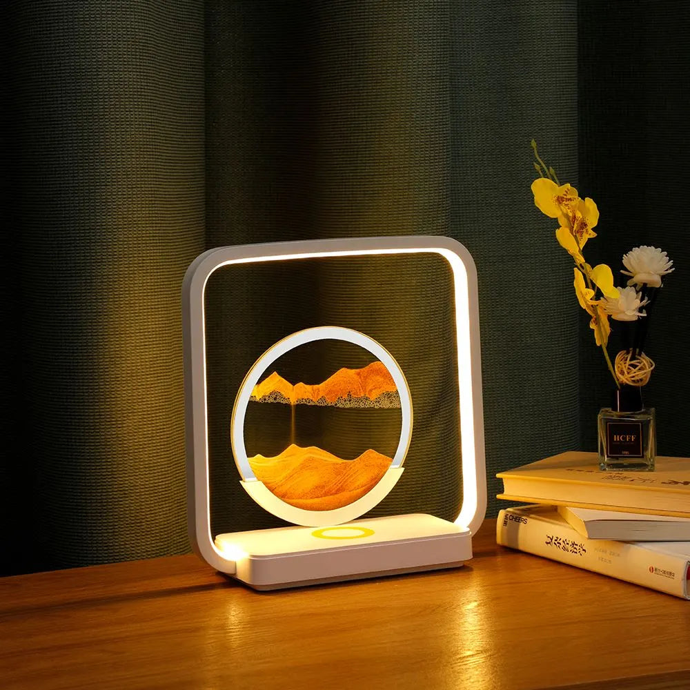 Zandkunst Nachtlamp met Draadloze Oplaadplek – Sierlijk Bewegend Zand & LED-Verlichting voor Slaapkamer Bureau Decoratie | Sansoti