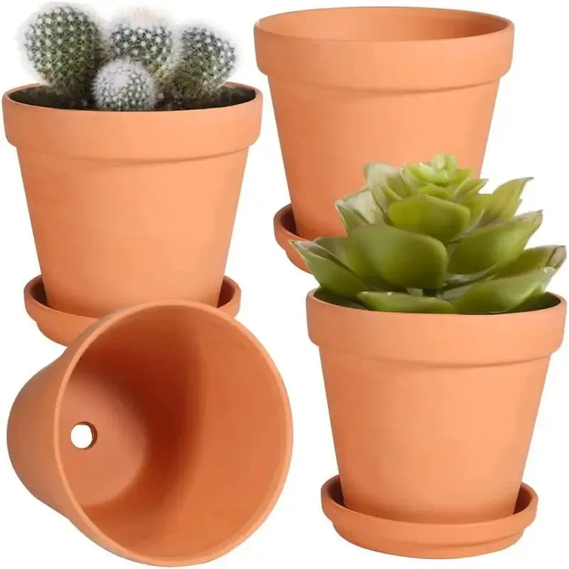 Lot de 4 pots de fleurs en terre cuite de 10 cm avec soucoupe et trou de drainage, poterie décorative pour l’intérieur et l’extérieur | Sansoti