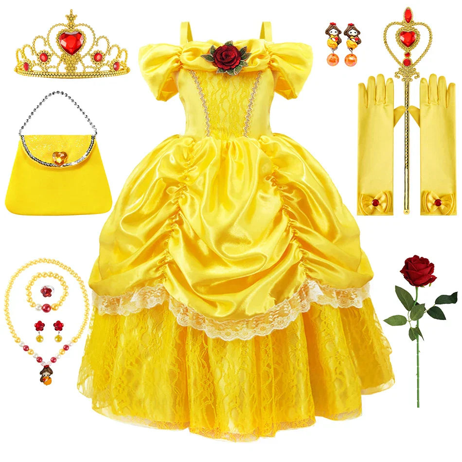 Prinsessenjurk voor Kinderen Cosplay Kostuum met Tiara en Accessoires Geel | Sansoti