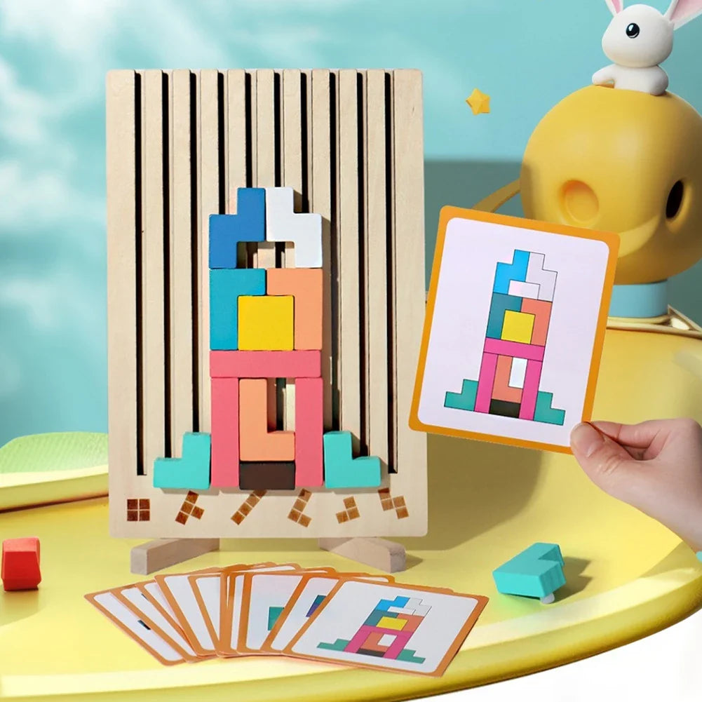 Houten 3D Puzzelspel voor Kinderen – Creatief Tetris Stapelspel met Geometrische Blokken – Ruimtelijk Inzicht & Handcoördinatie | Sansoti