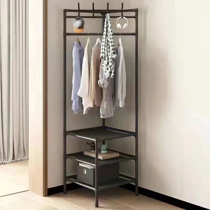 Penderie d’angle en métal 180cm, portant moderne au design contemporain pour l’entrée et la chambre, système de rangement, patère et portant mural | Sansoti