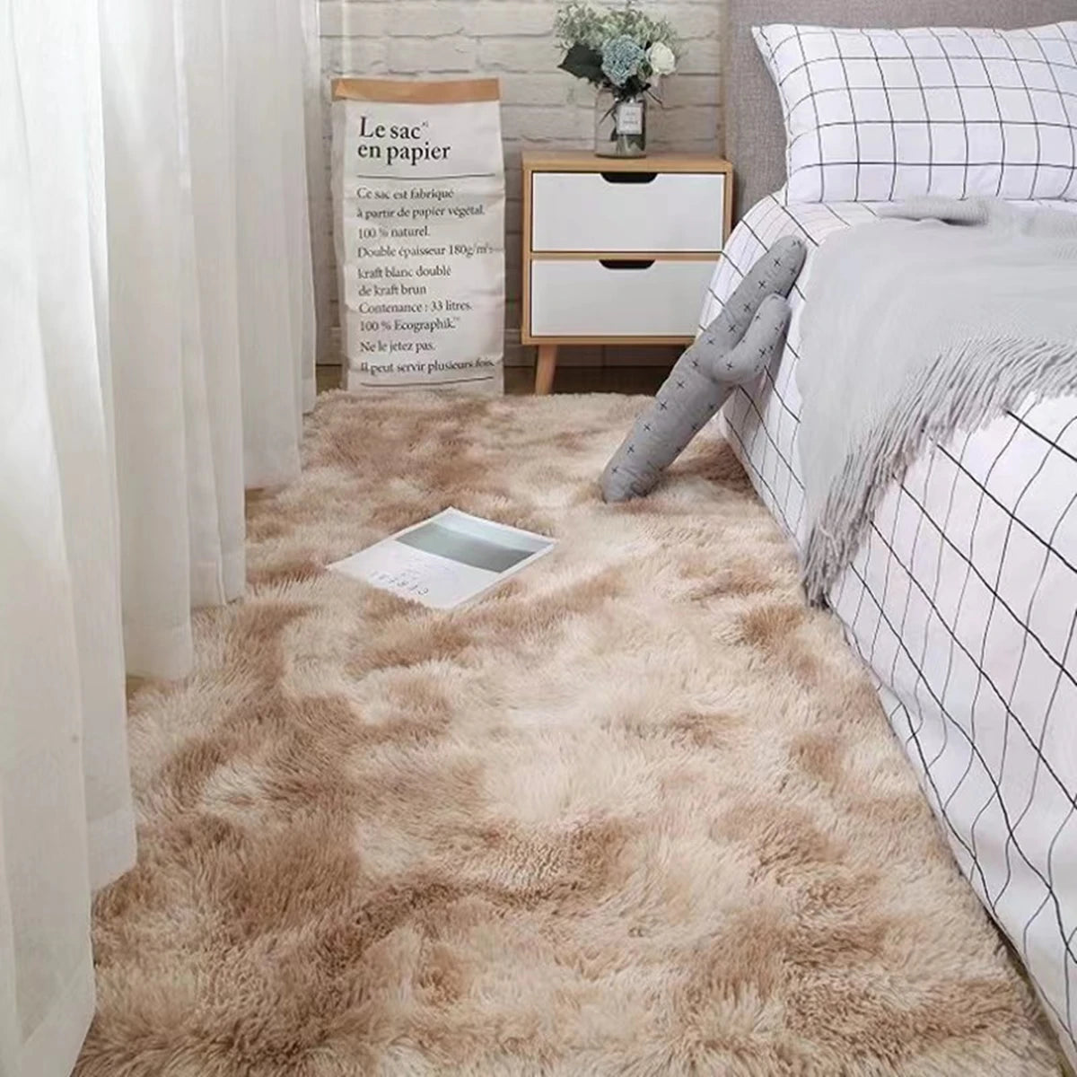 Fluffy Vloerkleed Microvezel Antislip Grijs Wit Bruin Slaapkamer Woonkamer Pluizig Tapijt Nachtkastje Shaggy Zacht | Sansoti