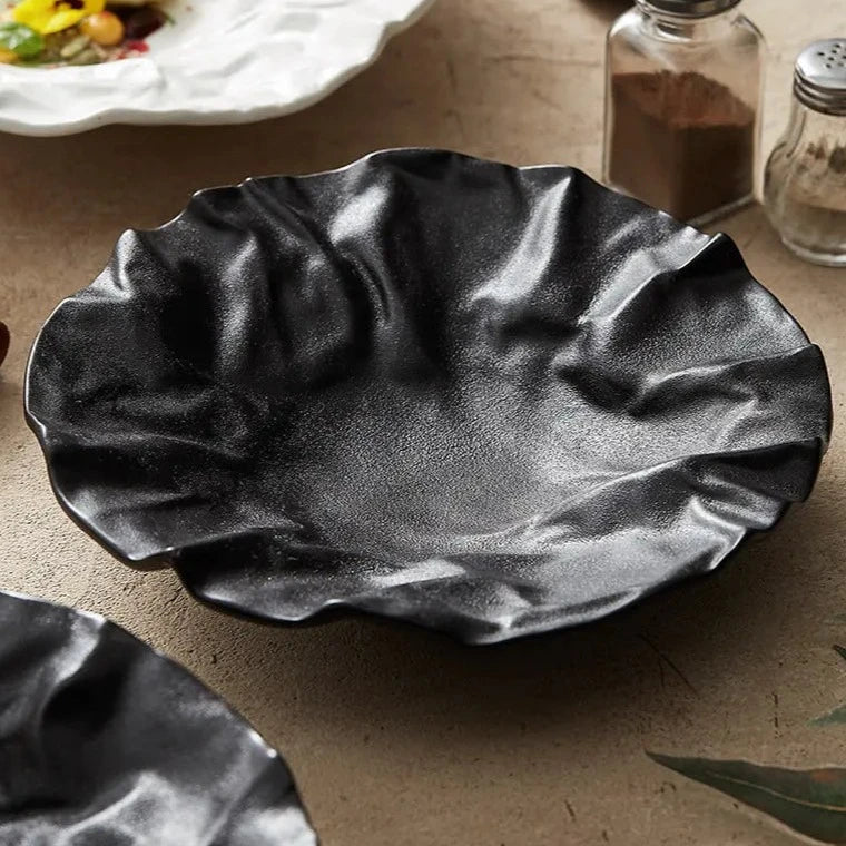 Keramische Schaal met Getijdenrimpel Effect Wit Zwart Coastal Servies 23cm 28cm | Sansoti