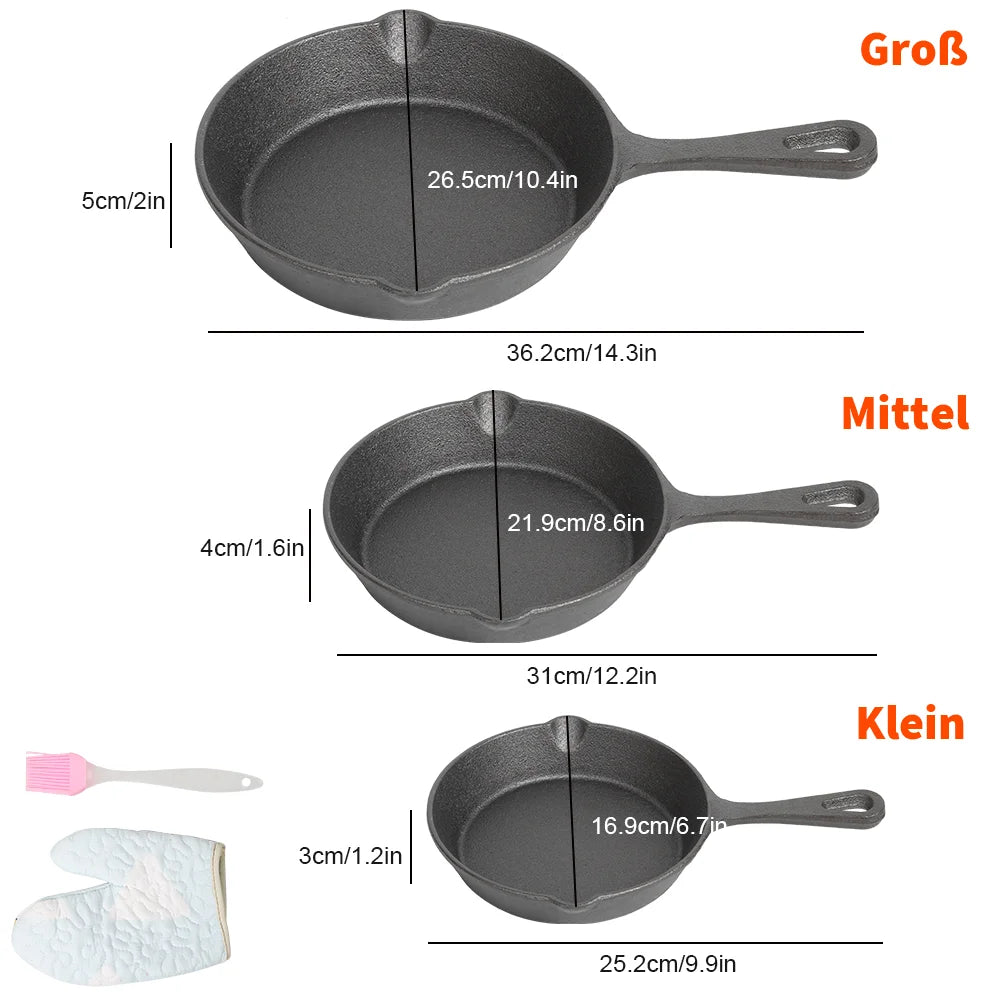 Set de Poêles en Fonte 3 pièces 16-20-26cm Induction Gaz Non Revêtues Poêle à Rôtir Poêle à Omelette Wok Noir | Restfield