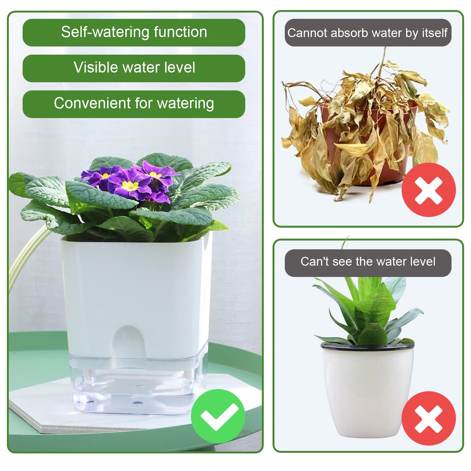 Zelfwaterende Bloempot Magnetisch Wit Kunststof Dubbeldeks Vensterbank Woonkamer Kantoor Plantenpot Hydrocultuur Binnen | Sansoti