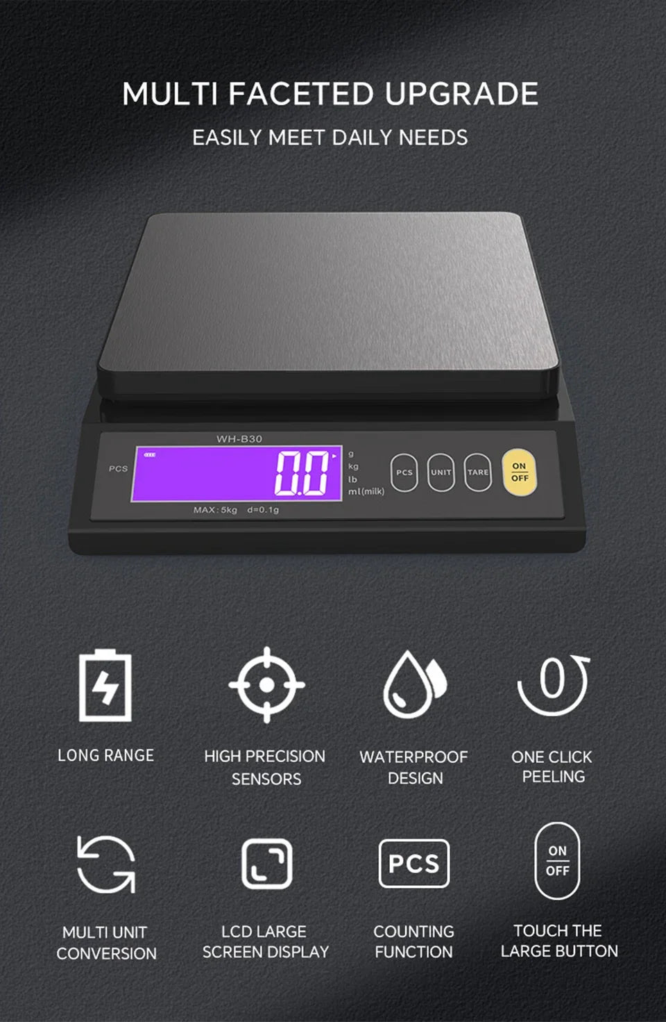 Digitale Keukenweegschaal RVS Waterdicht 10kg Precisie Bakken Koken Portioneren Oplaadbaar LCD Display | Sansoti