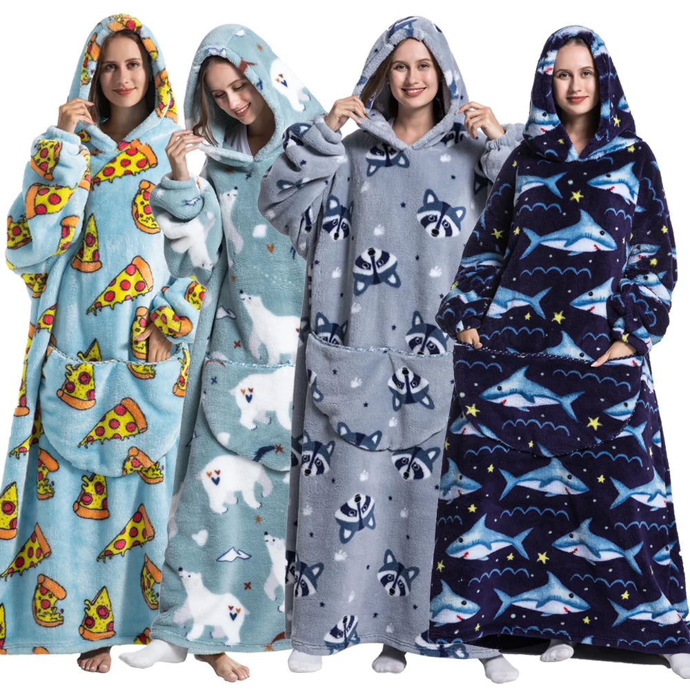 Winter pluche dekens draagbaar zacht warm oversized deken hoodie lang schattig mannen vrouwen sherpa fleece volwassen deken met mouwen
