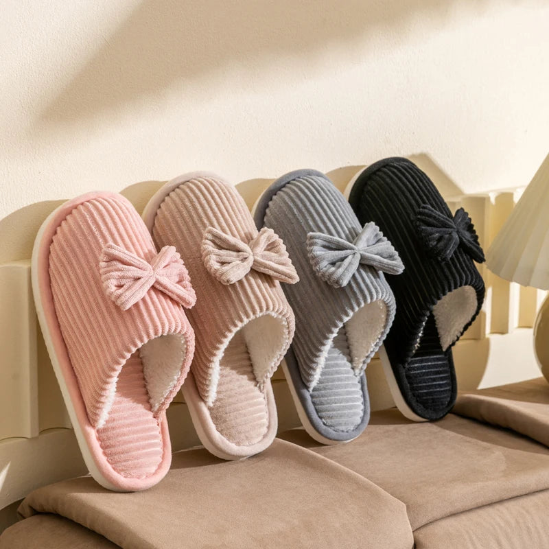 Dames Huisslippers met Strik Ribfluweel Gevoerd Binnenschoenen Winterpantoffels Antislip Warm Comfortabel Slaapkamer | Sansoti