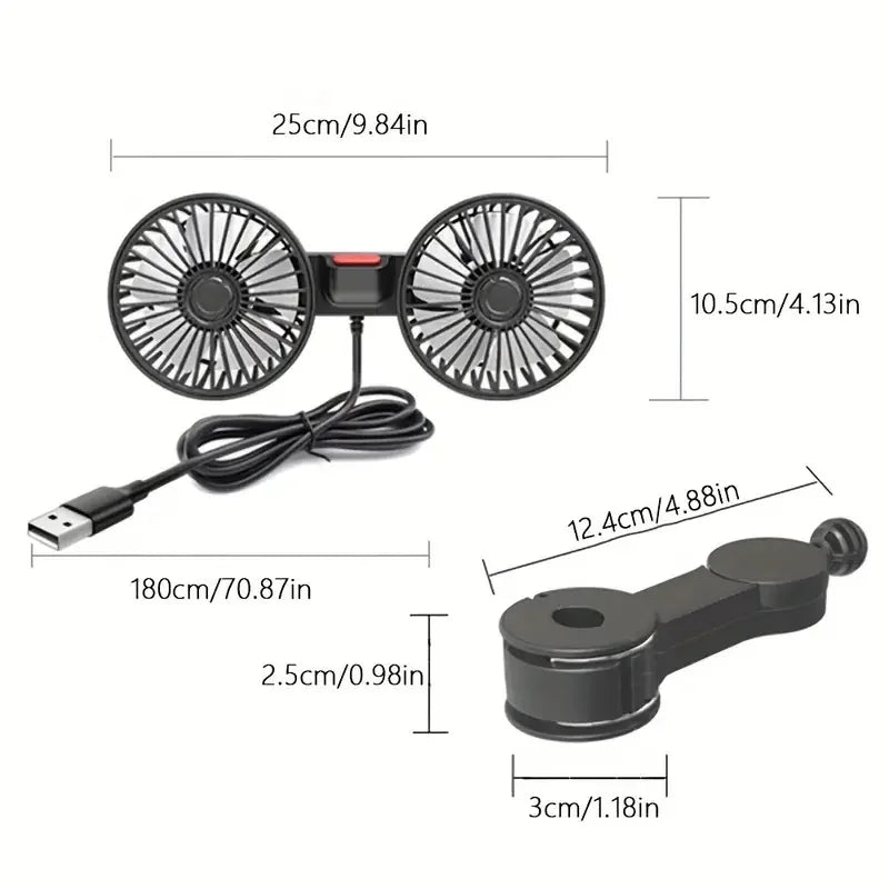Draagbare Autoventilator met Dubbele Kop 360° Verstelbaar USB Oplaadbaar 3 Snelheden Hoofdsteun Nekkoeler voor Auto Huis Camper | Sansoti