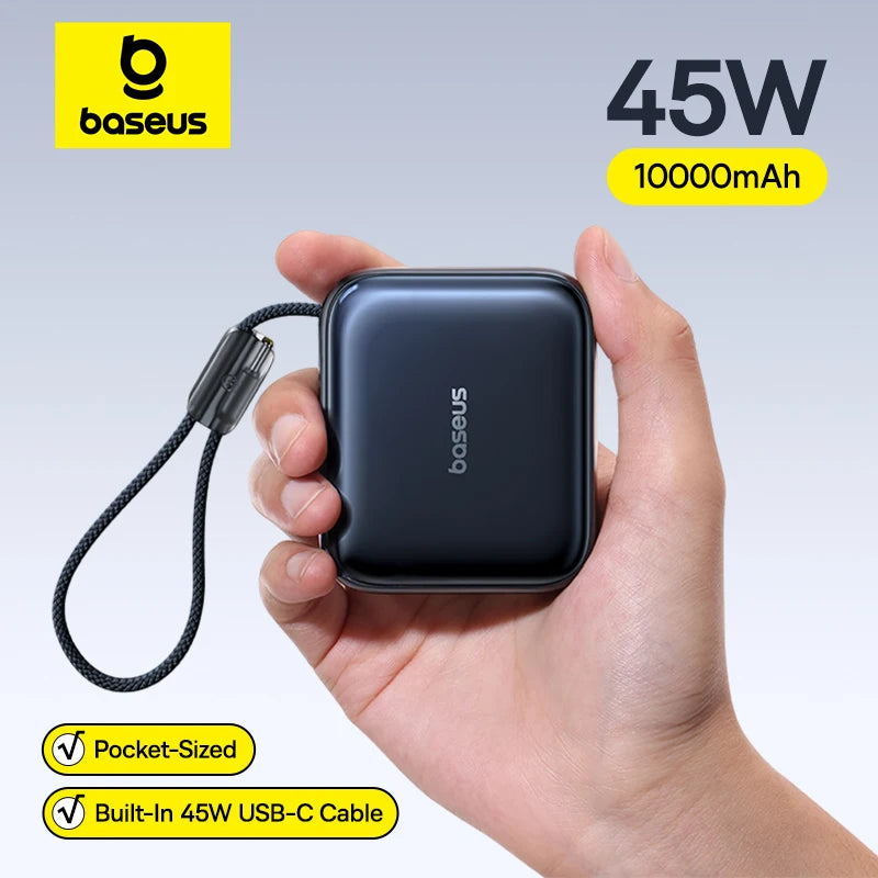 Baseus 45W Mini Powerbank 10000mAh met ingebouwde USB-C-kabel, zakformaat, klein, snel opladen, draagbaar, voor iPhone 18, 17 en Samsung S26.