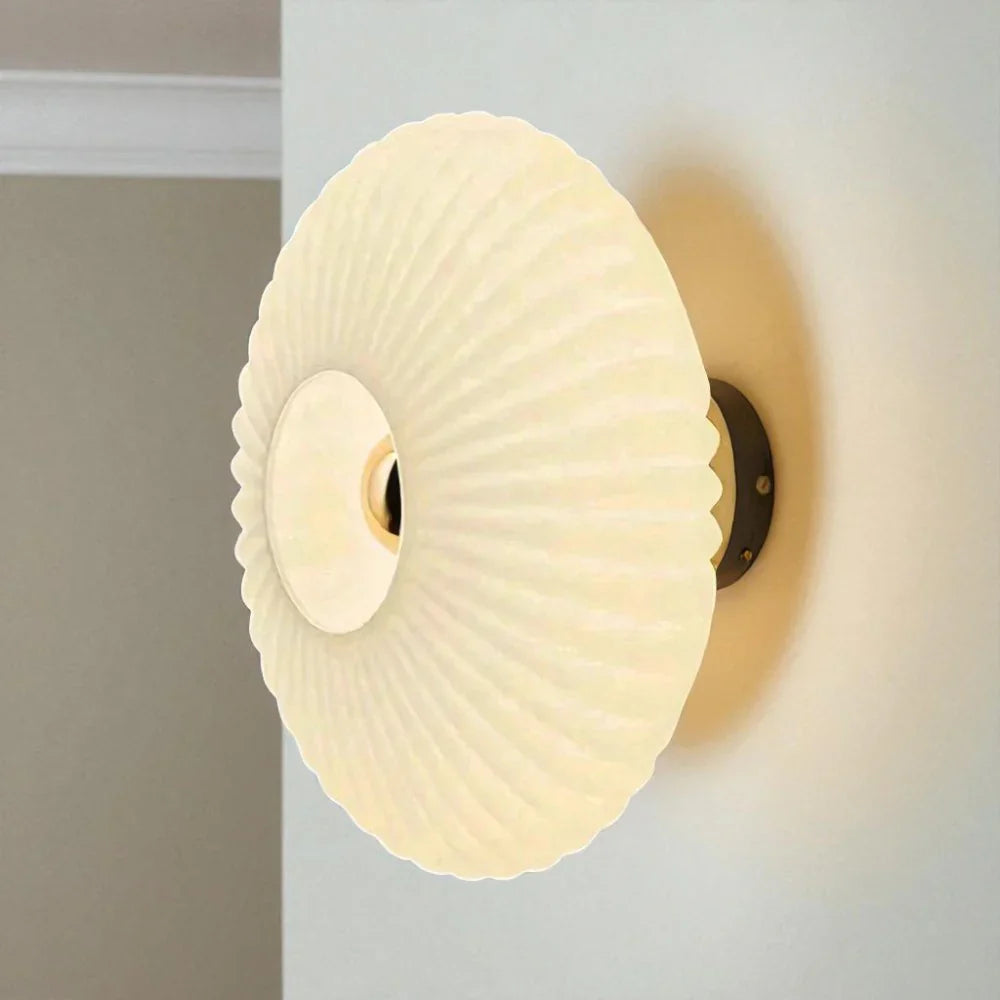 Ronde Glazen Wandlamp Geribbeld Schelp Design Goud Amber Woonkamer | Sansoti