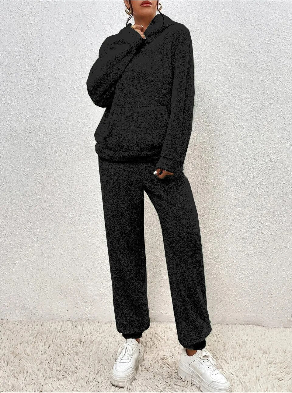 Teddy-Loungewear-Set mit Kapuze für Damen, Grau, Beige, Grün, Winteranzug aus Fleece, zweiteiliger weicher Hausanzug mit Hose | Sansoti
