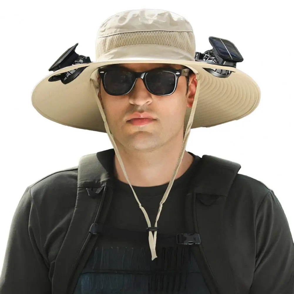 Sonnenhut mit Solarpanel und Ventilator, breite Krempe, UPF 50 UV-Schutz zum Wandern, Angeln, für den Garten und Camping im Freien | Sansoti