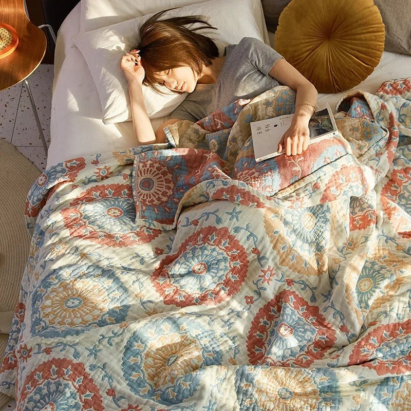 Plaid en mousseline de coton respirant, couverture jacquard pour lit et canapé 150x200 200x230 à motif floral, salon | Sansoti