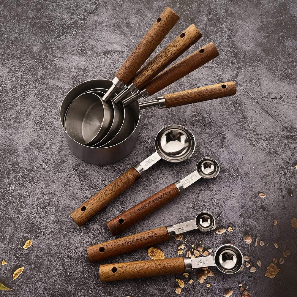 Rustiek Edelstalen Maatlepelset 8-Delig met Houten Handgrepen voor Keuken en Bakken | Sansoti